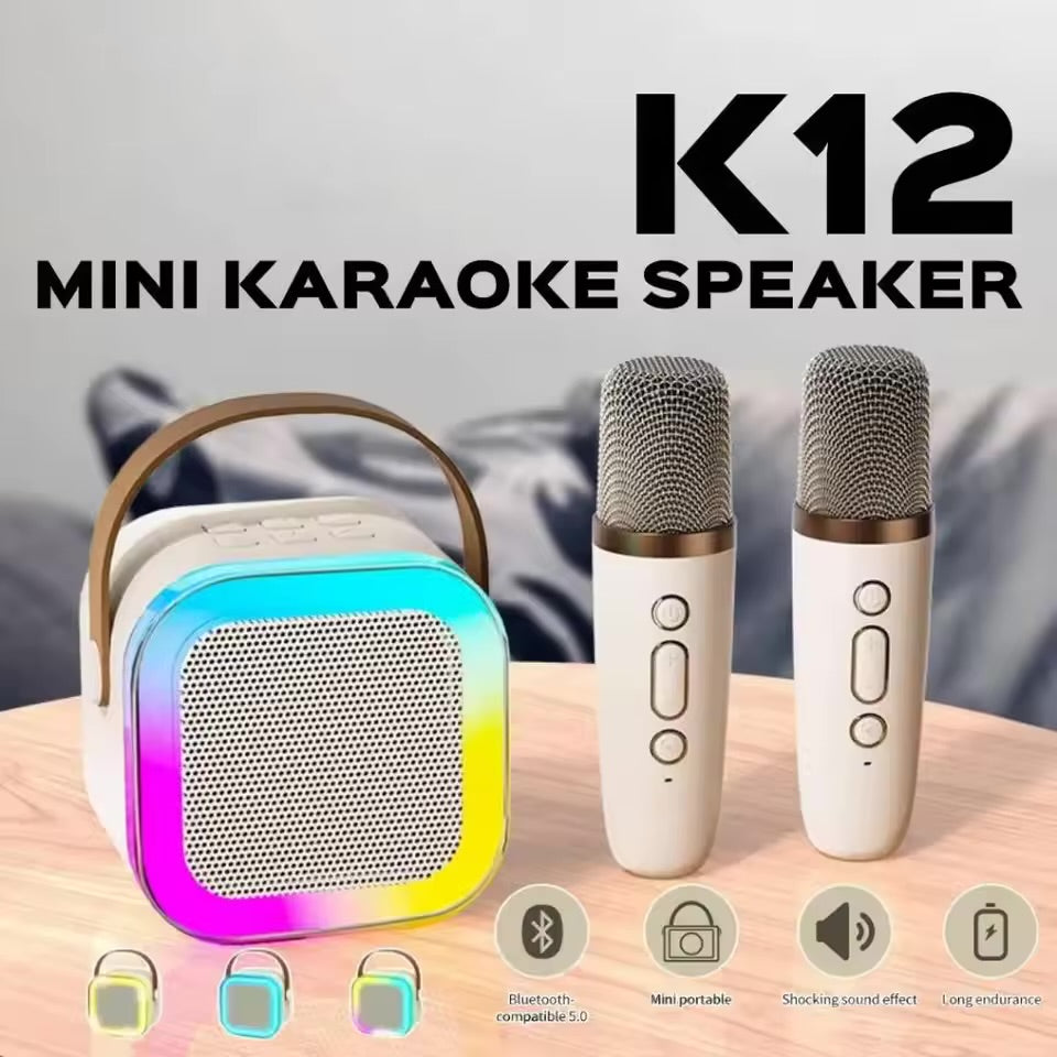 Mini Parlante Karaoke Bluetooth K12 con 2 Micrófonos Inalámbricos RGB | Bluetooth 5.3 Recargable