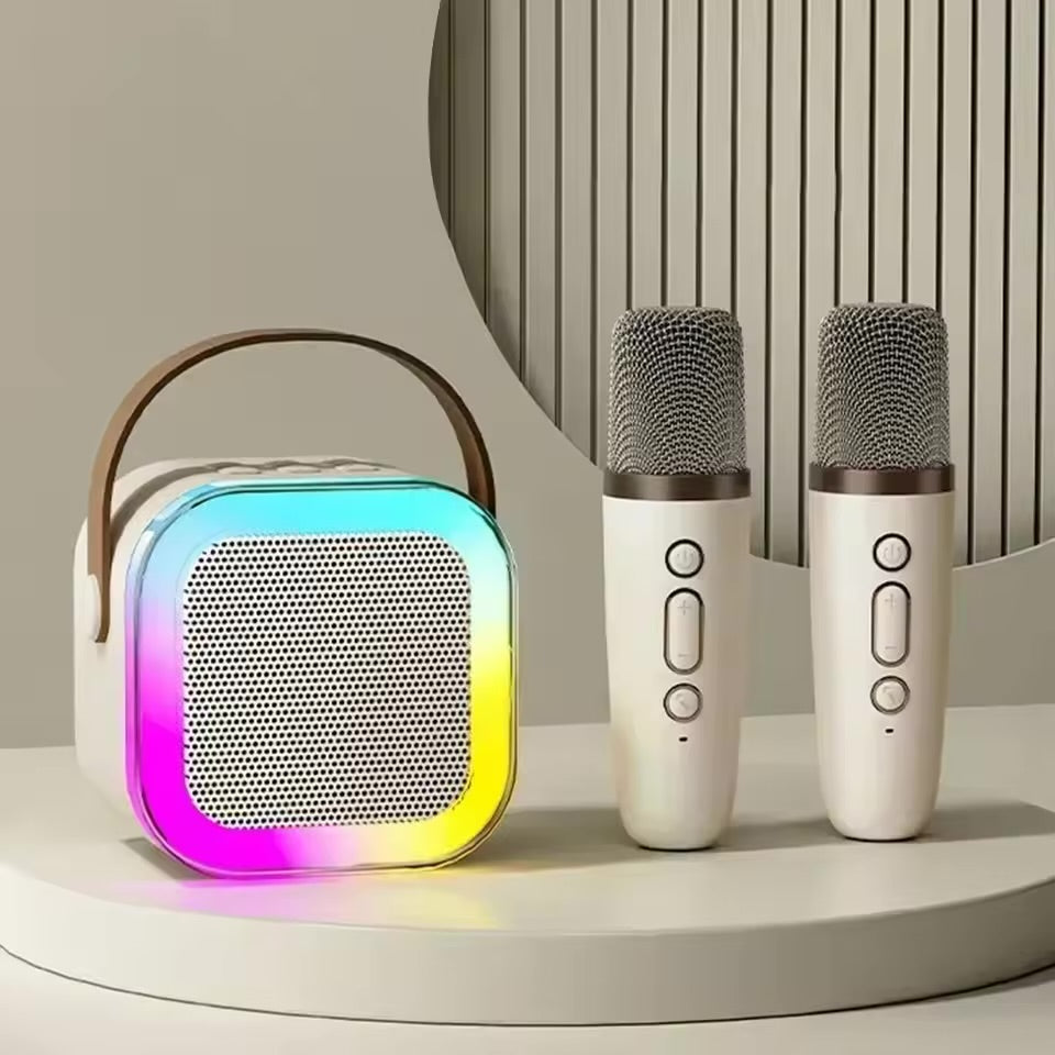 Mini Parlante Karaoke Bluetooth K12 con 2 Micrófonos Inalámbricos RGB | Bluetooth 5.3 Recargable