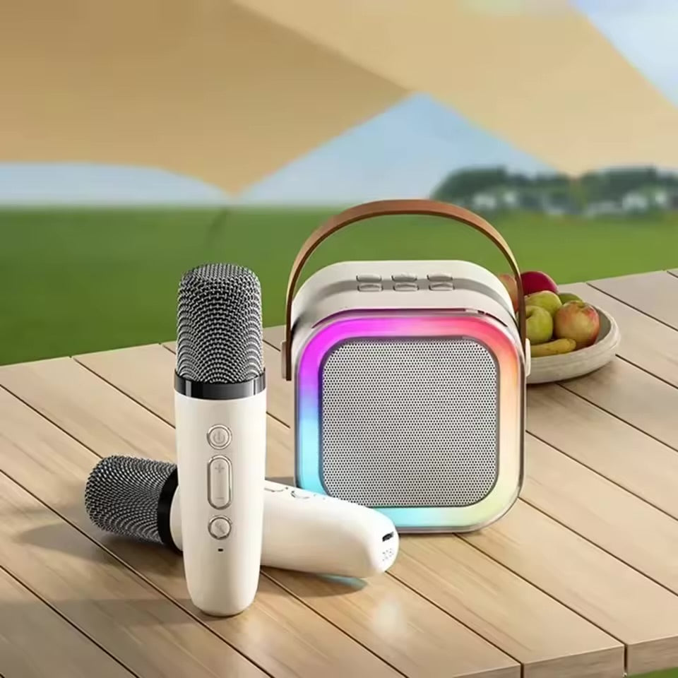 Mini Parlante Karaoke Bluetooth K12 con 2 Micrófonos Inalámbricos RGB | Bluetooth 5.3 Recargable
