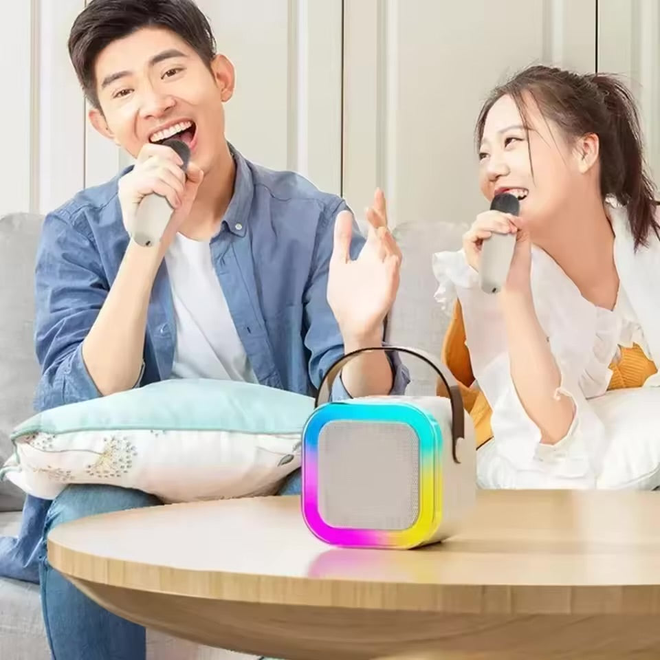Mini Parlante Karaoke Bluetooth K12 con 2 Micrófonos Inalámbricos RGB | Bluetooth 5.3 Recargable
