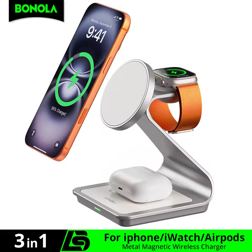 Cargador Inalámbrico Magnético 3 en 1 MagSafe 15W para iPhone, Apple Watch y AirPods