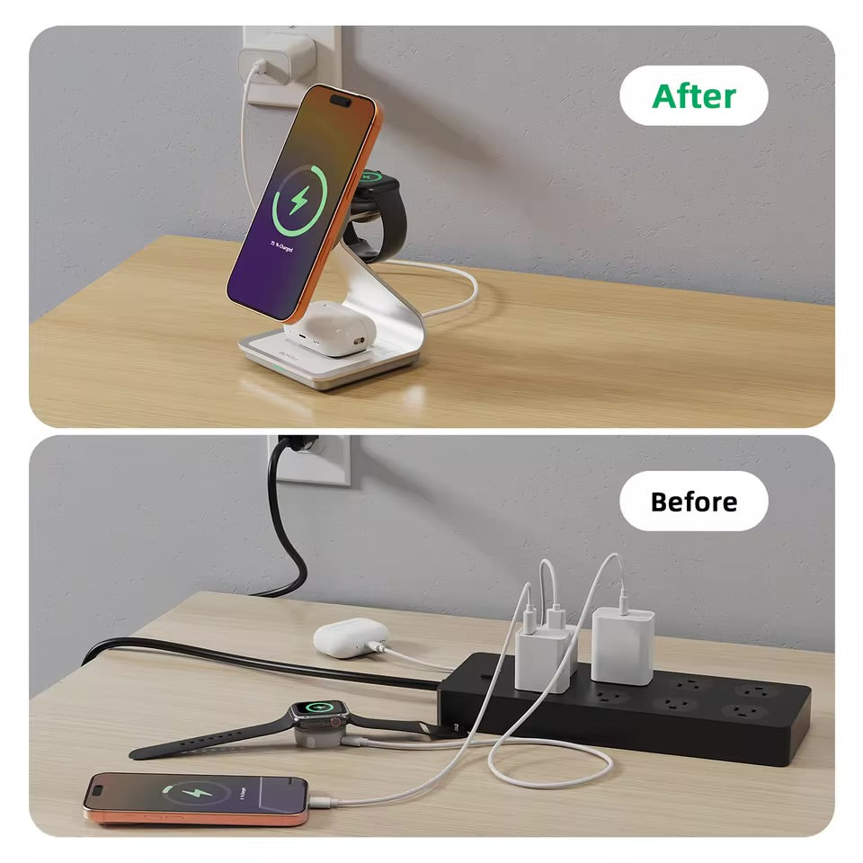 Cargador Inalámbrico Magnético 3 en 1 MagSafe 15W para iPhone, Apple Watch y AirPods