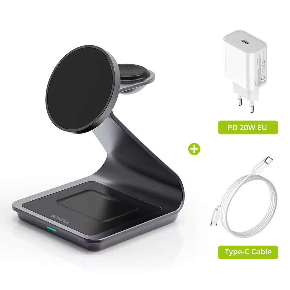 Cargador Inalámbrico Magnético 3 en 1 MagSafe 15W para iPhone, Apple Watch y AirPods
