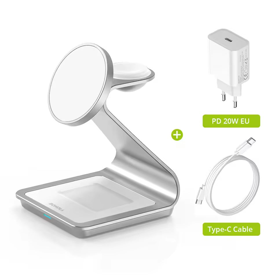 Cargador Inalámbrico Magnético 3 en 1 MagSafe 15W para iPhone, Apple Watch y AirPods